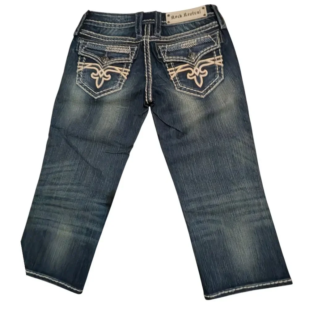 ROCK REVIVAL Ana Capri Jeans Women's 26 Denim Cropped Dark Wash Blue Stitch New